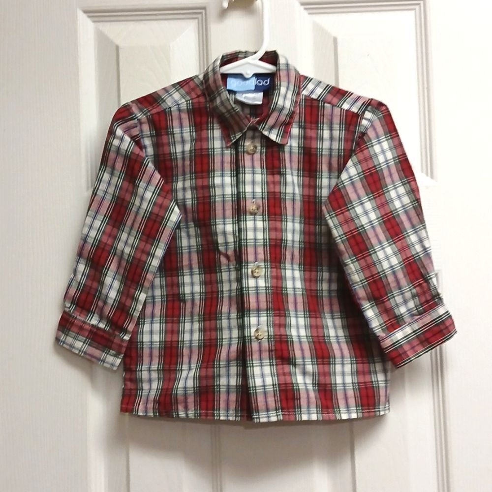 GOODLAD Boys Size 24M Red Checkered Button Down Dress Shirt